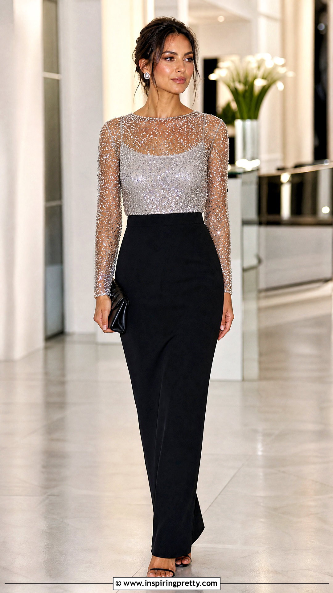 Sequin Sheer Top With Column Skirt - 20 sheer top celebrity outfit ideas