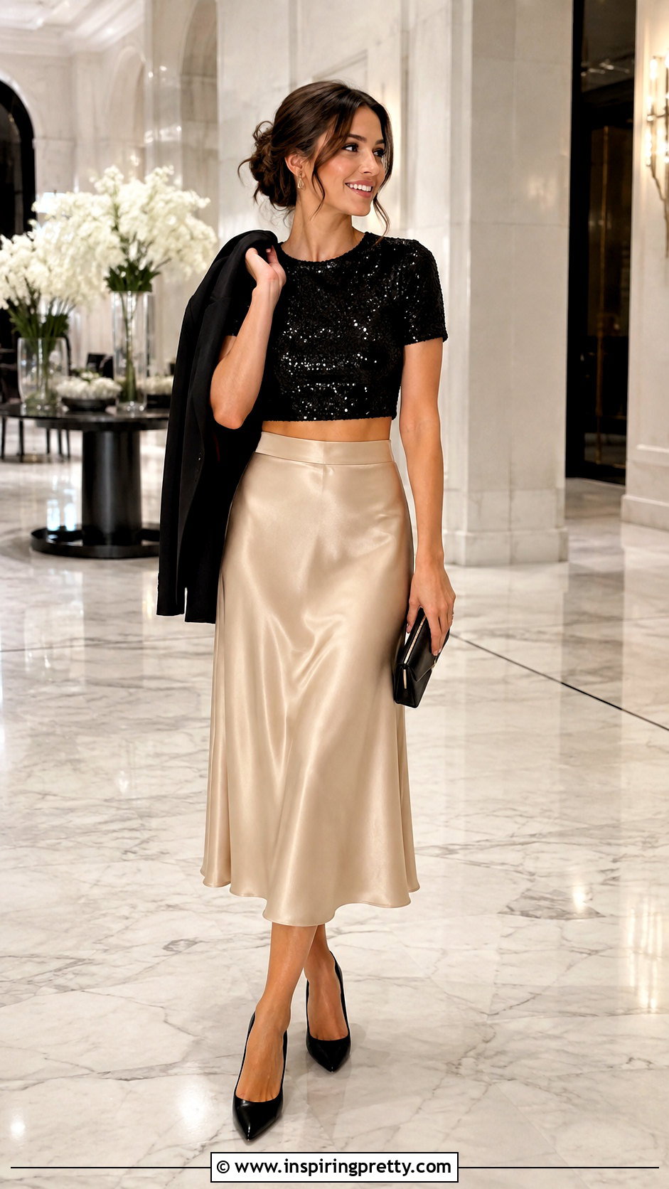 Sequin Short Crop Top With Satin Midi Skirt - 50 short crop tops outfit ideas