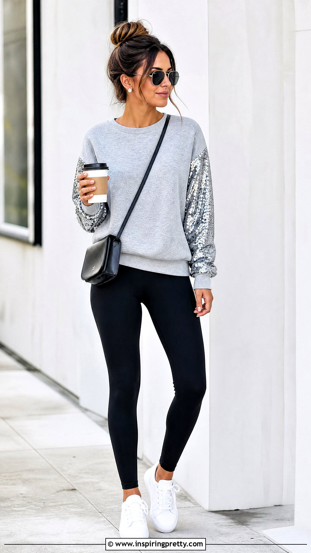 Sequin Sleeve Sweatshirt With Black Leggings - 20 Embellished Casual Top outfit ideas