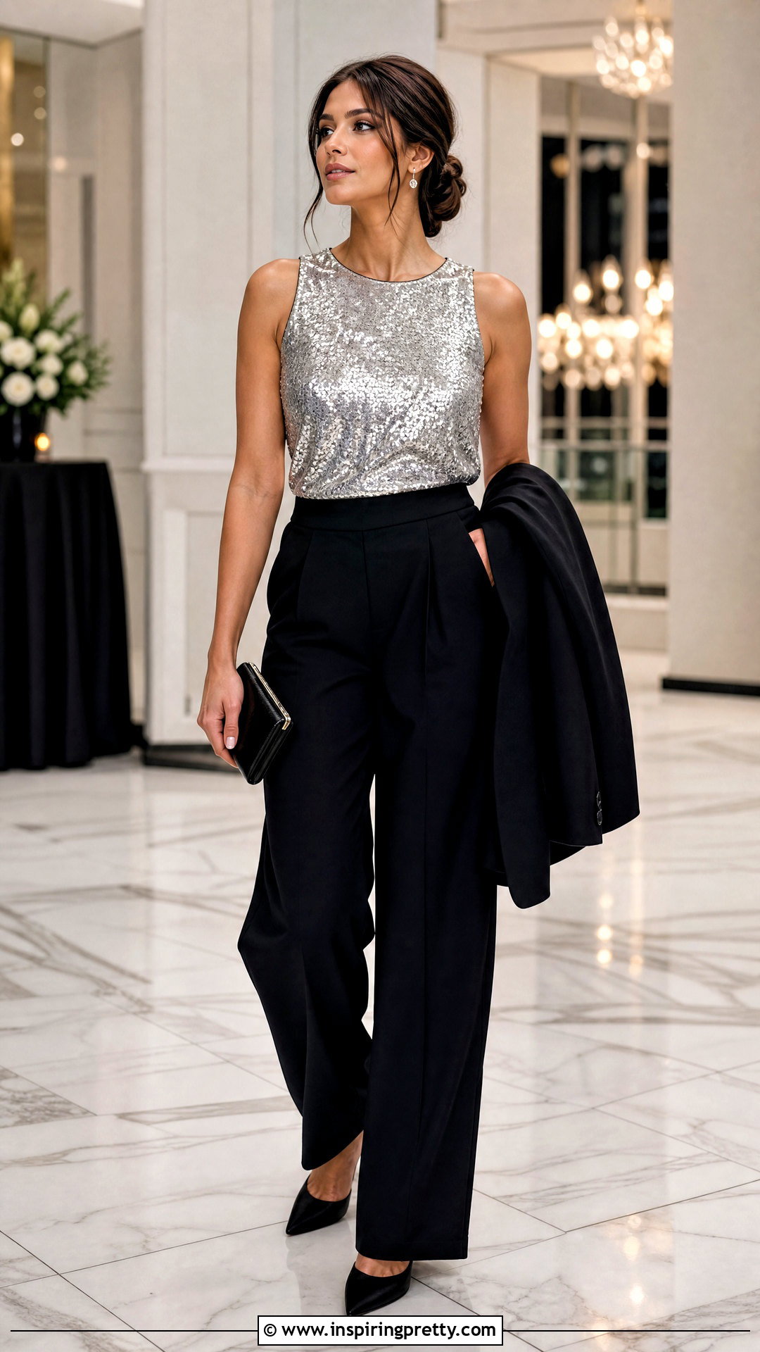 Sequin Sleeveless Top With Black Trousers - 50 sleeveless tops outfit ideas