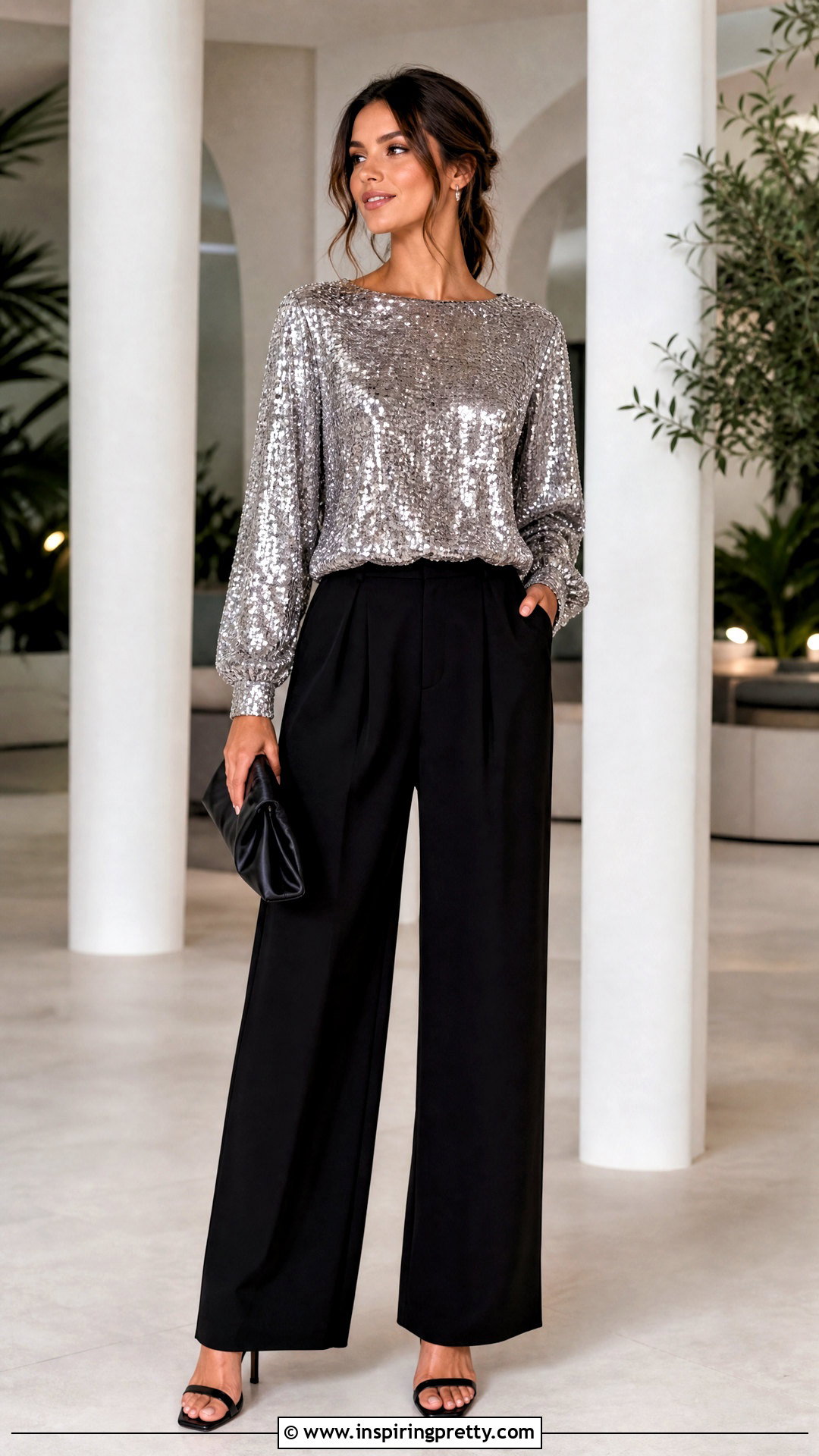 Sequin Statement Top With Black Trousers - 50 statement tops outfit ideas