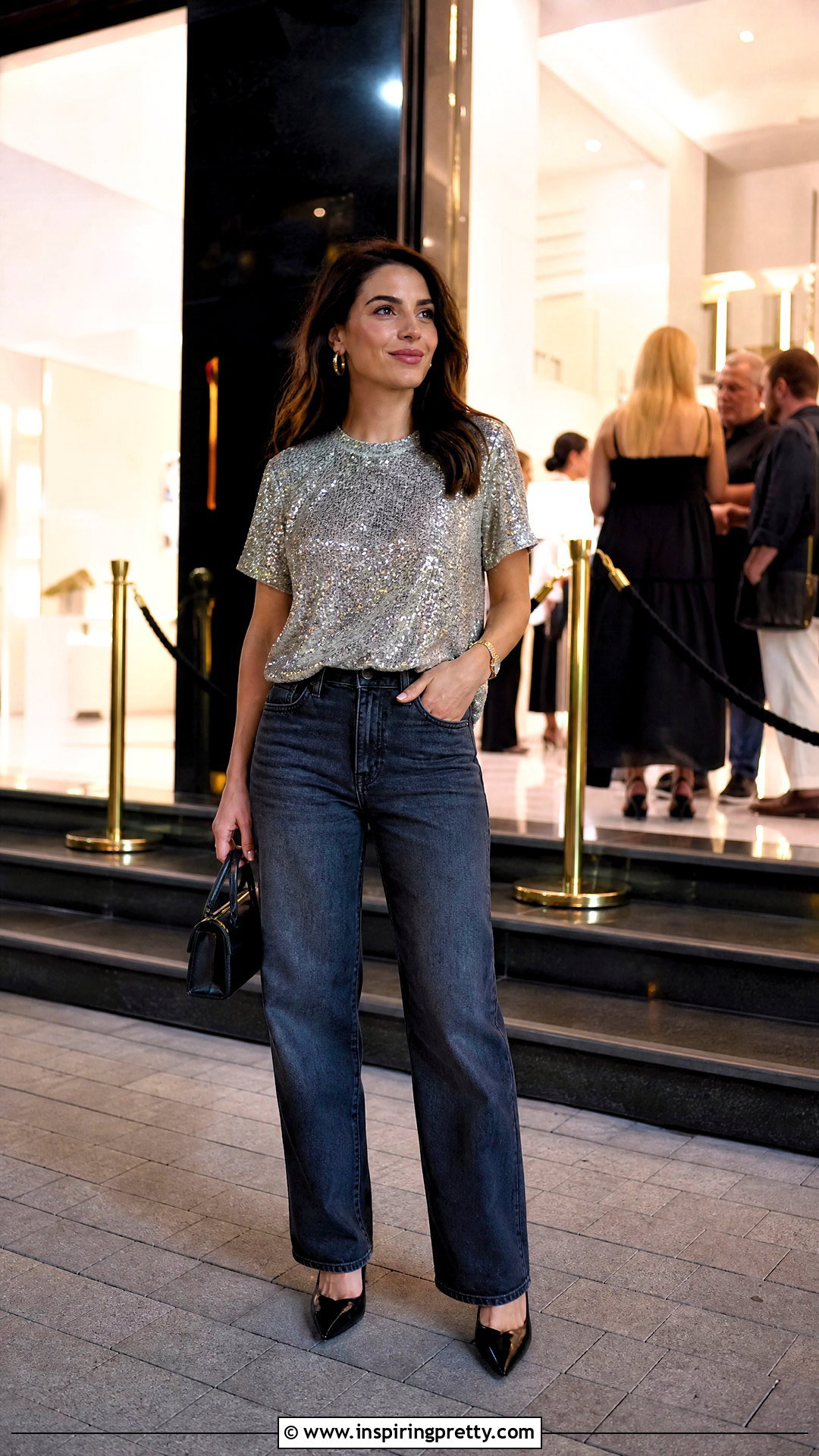 Sequin T Shirt Party Top With Relaxed Jeans - 50 party tops outfit ideas