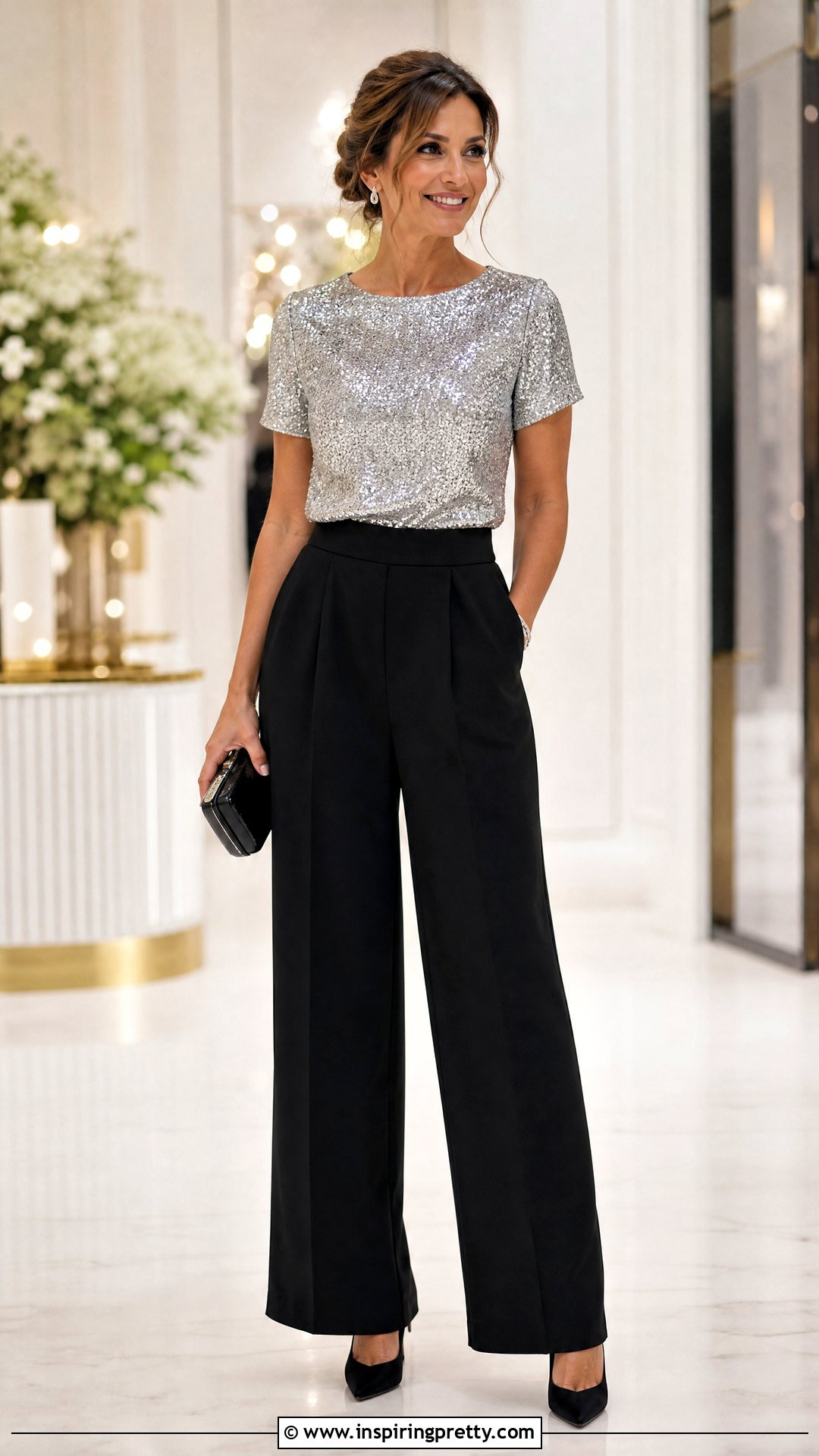 Sequin Top And Matte Crepe Trousers Outfit - 20 top and trousers outfit materials