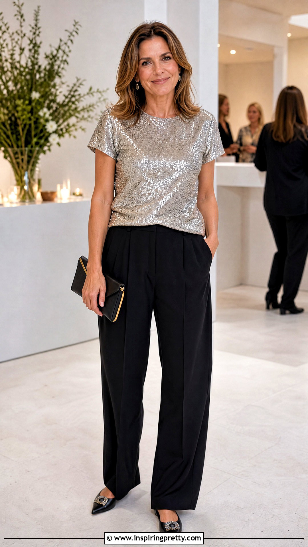 Sequin Top Outfit With Relaxed Trousers - 50 trendy tops outfit ideas