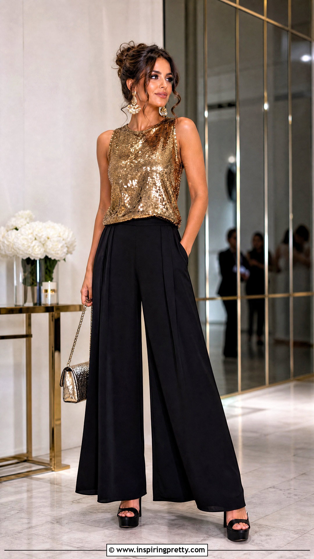 Sequin Top With Black Palazzo Pants - 50 70s tops outfit ideas