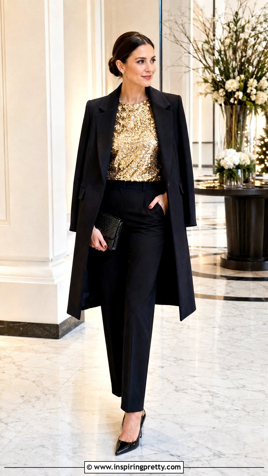 Sequin Top With Black Straight Leg Trousers - 50 sequence top outfit ideas