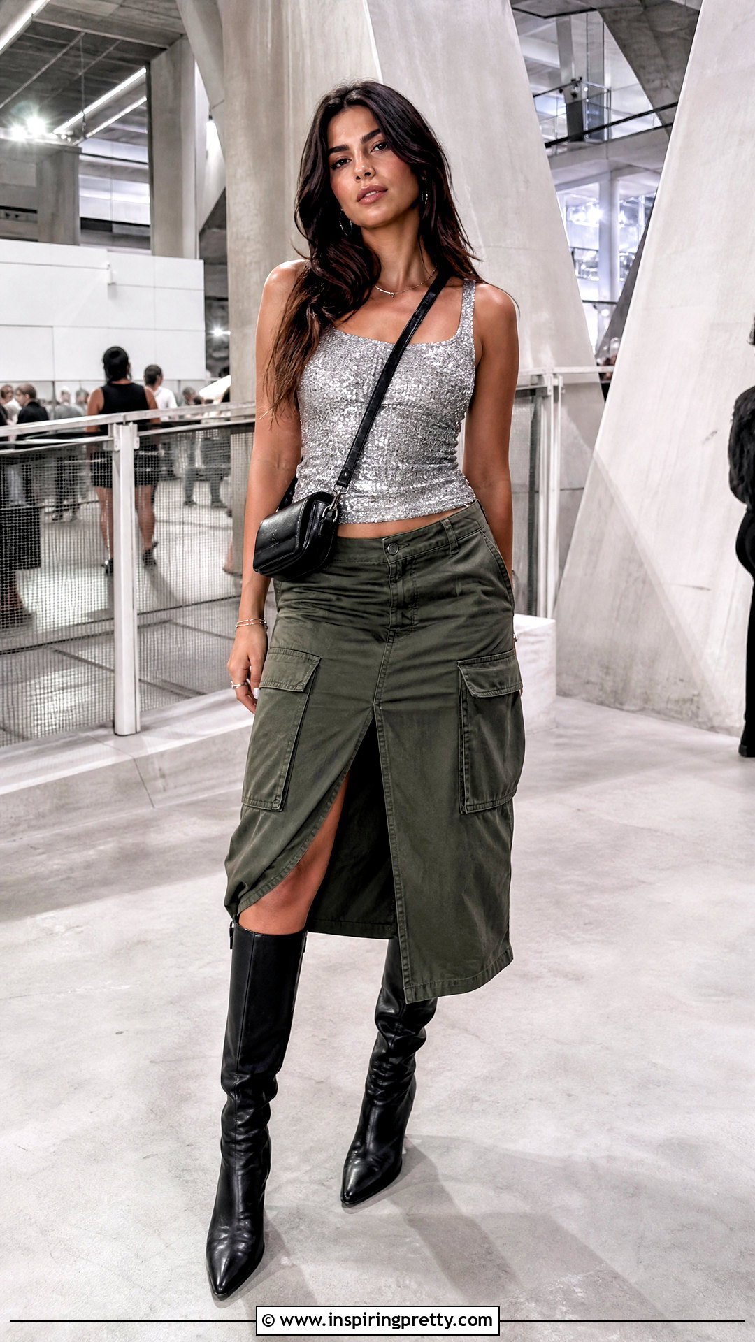 Sequin Top With Cargo Skirt And Boots - 50 Sequin Top outfit ideas
