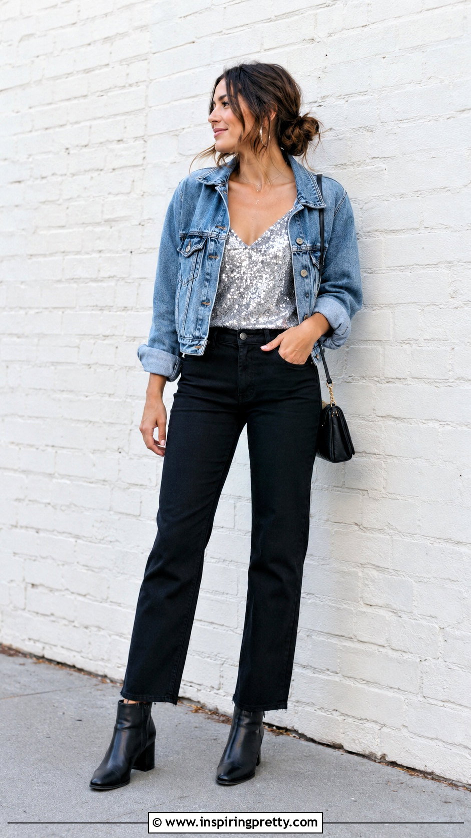 Sequin Top With Denim Jacket And Black Pants - 50 sequence top outfit ideas