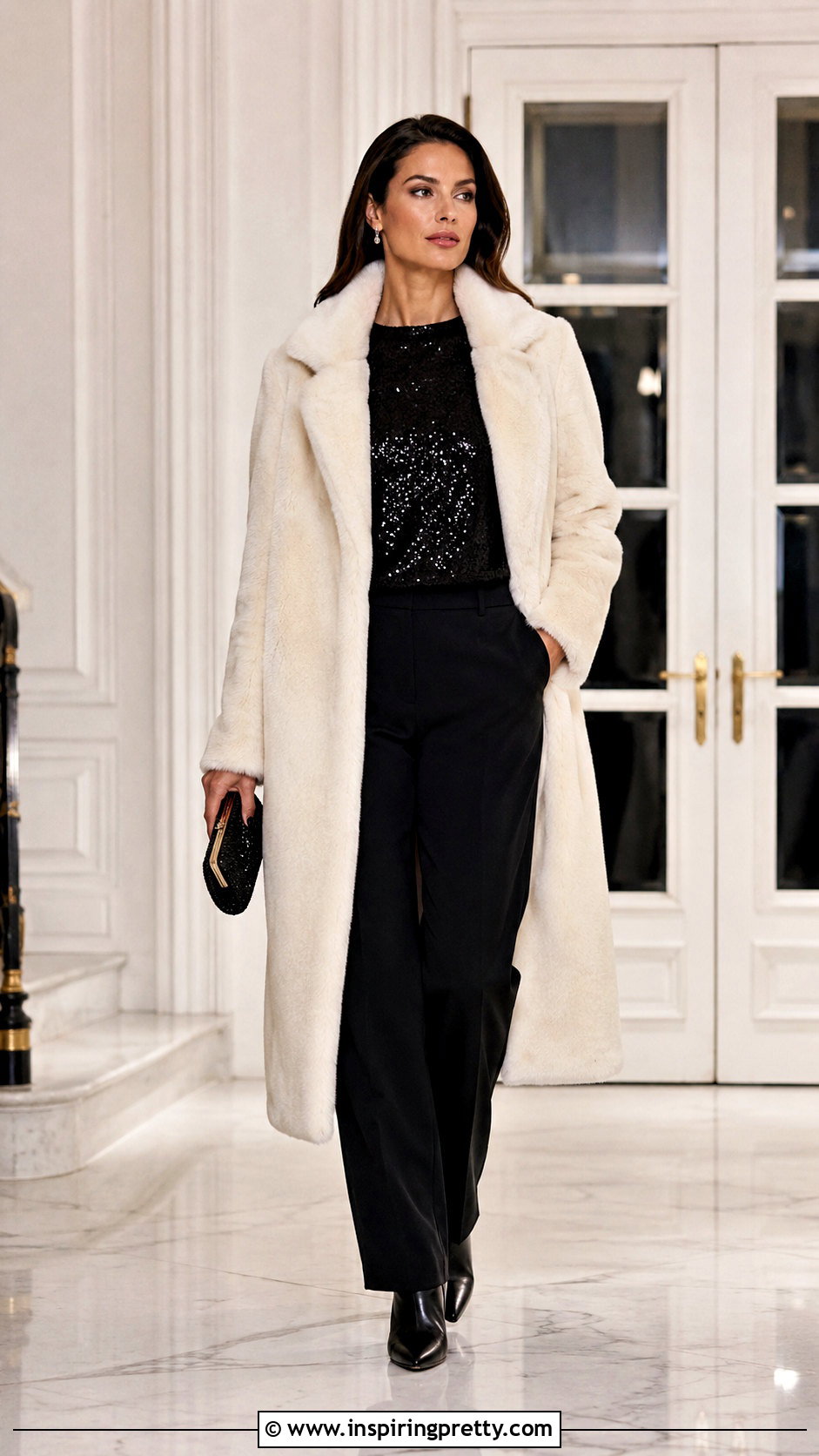 Sequin Top With Faux Fur Coat And Trousers - 50 sequence top outfit ideas