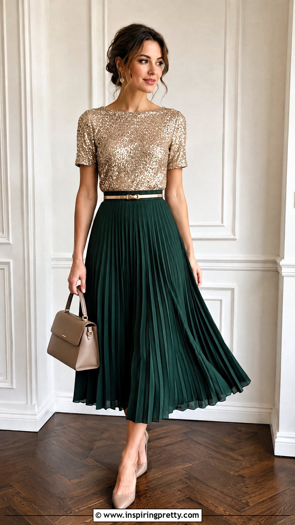 Sequin Top With Pleated Midi Skirt - 50 sequence top outfit ideas
