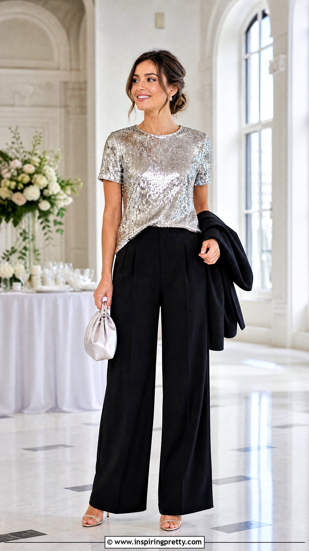 Sequin Top With Relaxed Trousers - 50 cute tops outfit ideas