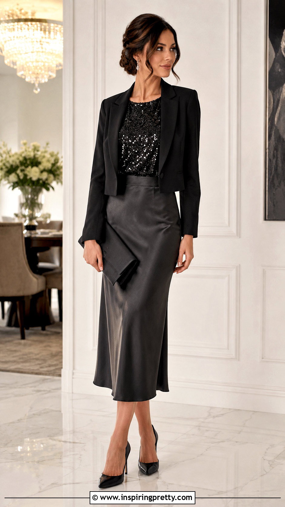 Sequin Top With Satin Midi Skirt - 50 sequence top outfit ideas