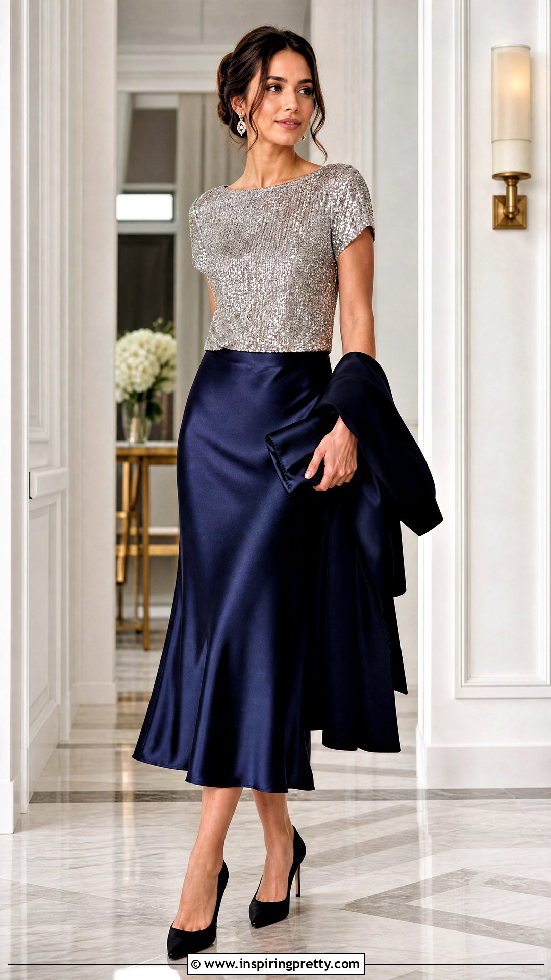 Sequin Top With Satin Midi Skirt And Heels - 50 Sequin Top outfit ideas