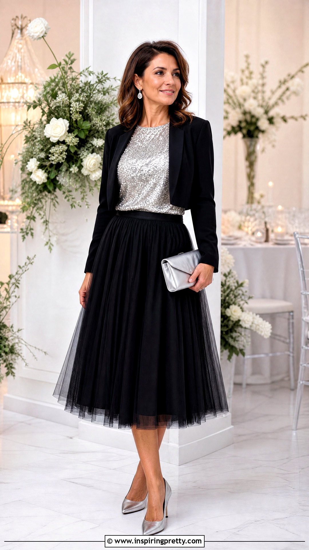 Sequin Top With Tulle Midi Skirt - 50 Sequin Top outfit ideas
