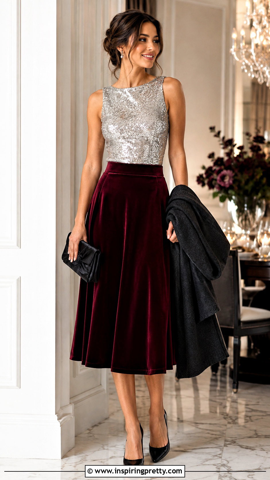 Sequin Top With Velvet Midi Skirt - 50 sequin top outfit parties