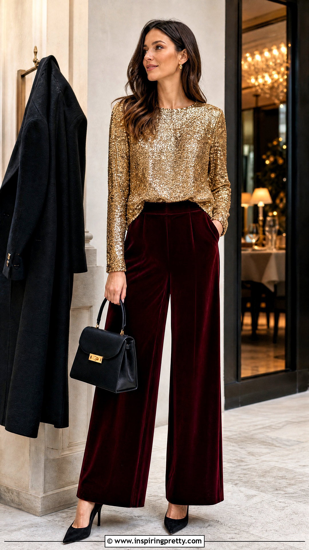 Sequin Top With Velvet Trousers - 50 Sequin Top outfit ideas