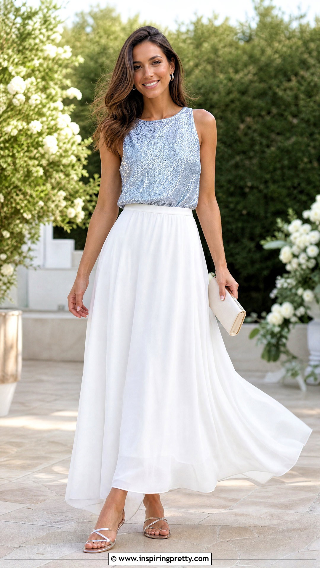 Sequin Top With White Maxi Skirt - 50 Sequin Top outfit ideas