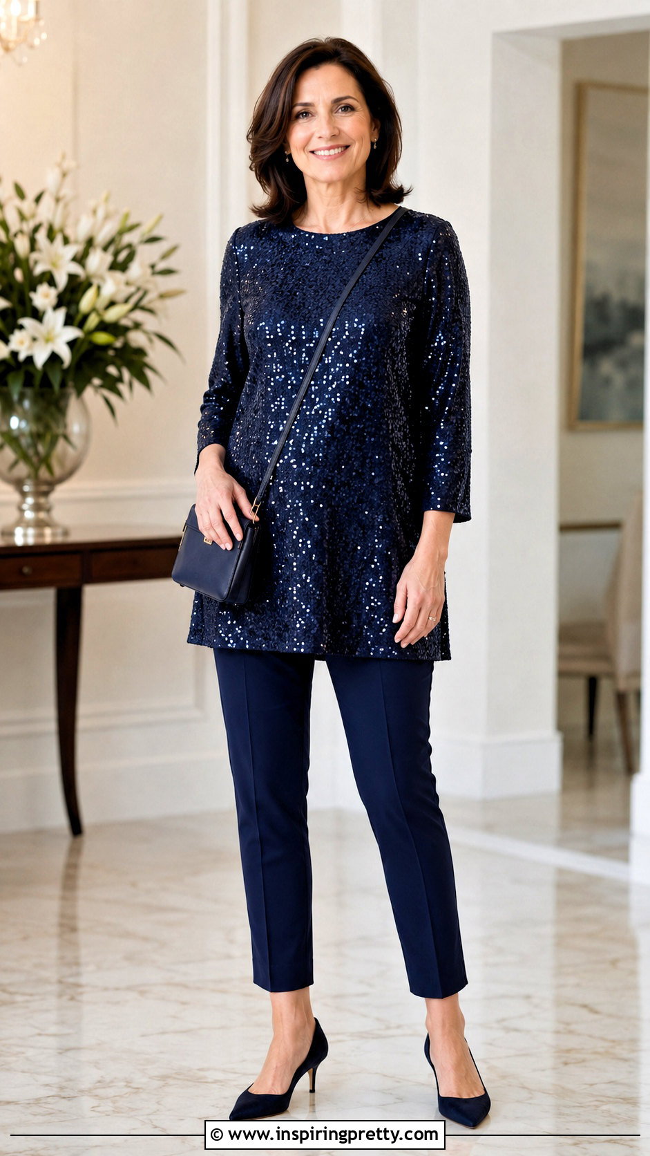 Sequin Tunic Top With Slim Pants - 50 sequence top outfit ideas