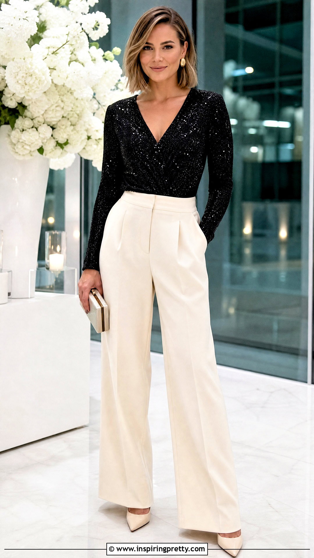 Sequin V Neck Top With Wide Leg Pants - 50 tops for broad shoulders for women