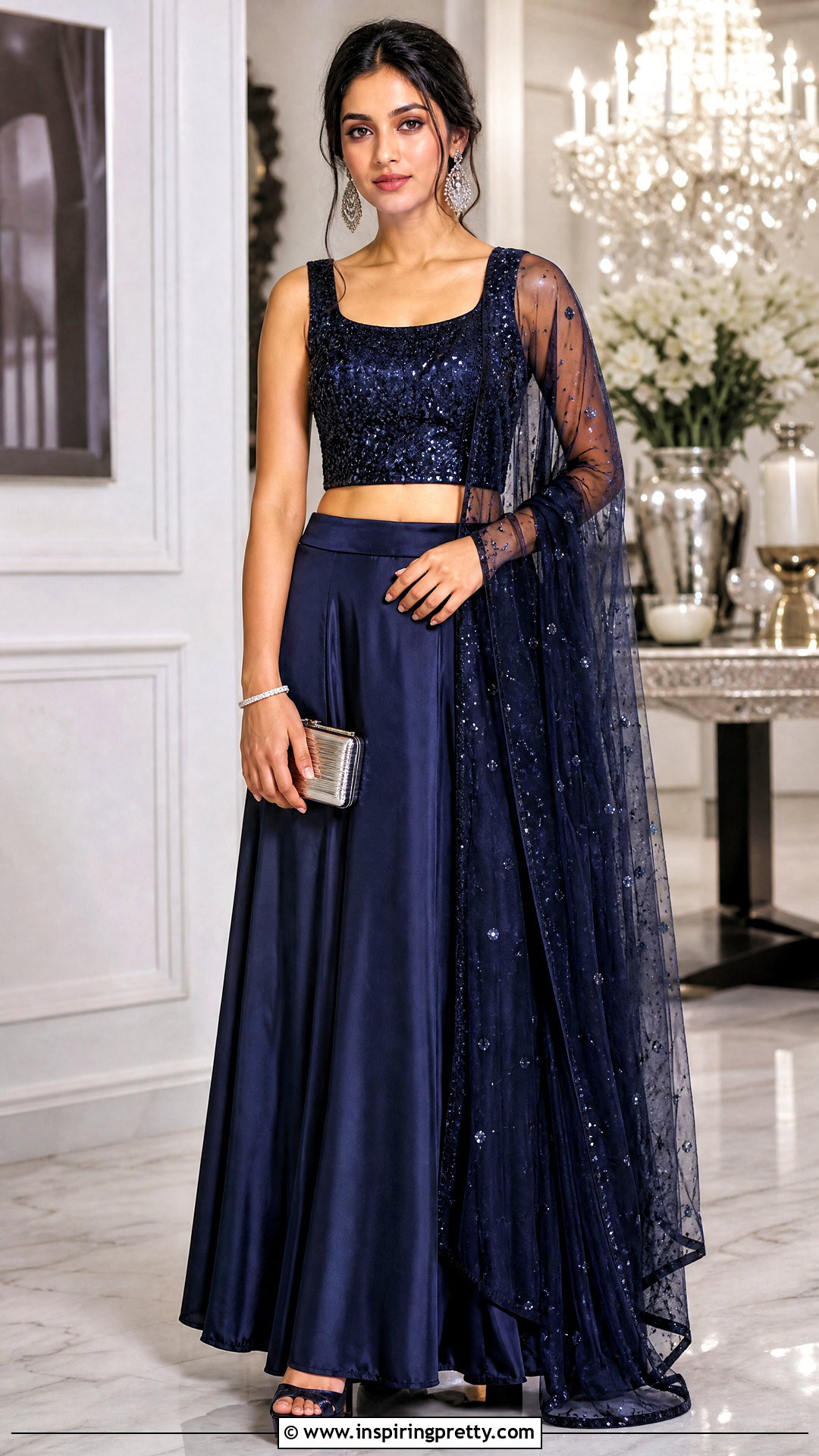 Sequin Velvet Crop Top With Plain Silk Lehenga - 50 velvet crop top designs for lehengas