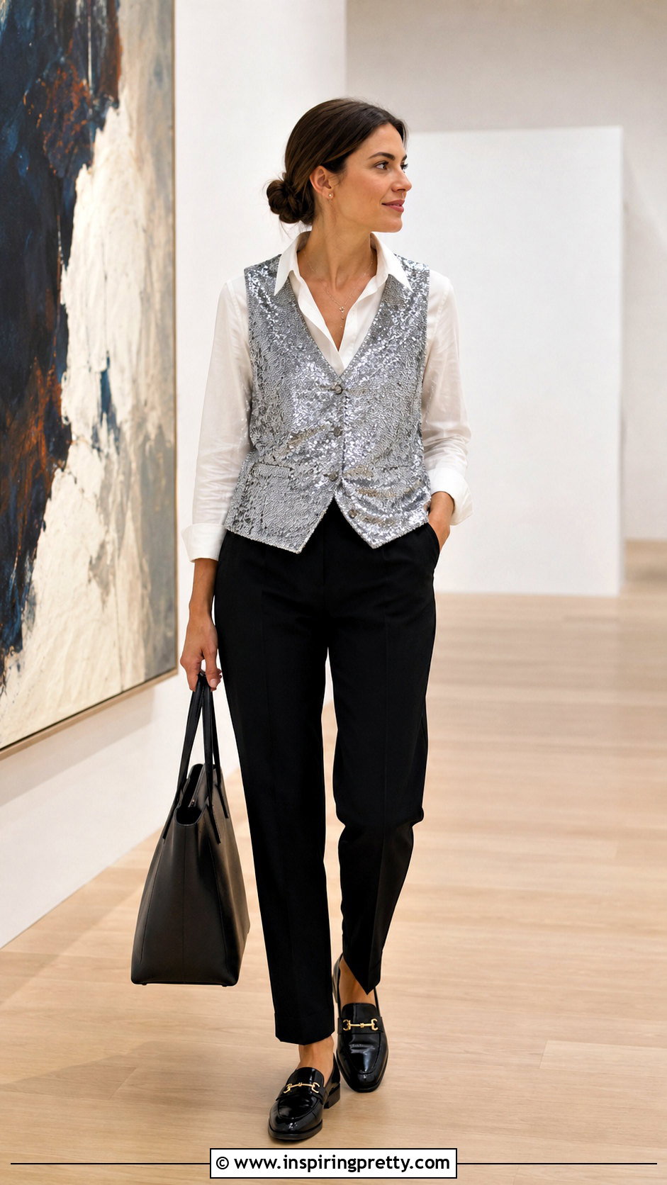 Sequin Vest Top With White Shirt And Trousers - 50 sequence top outfit ideas