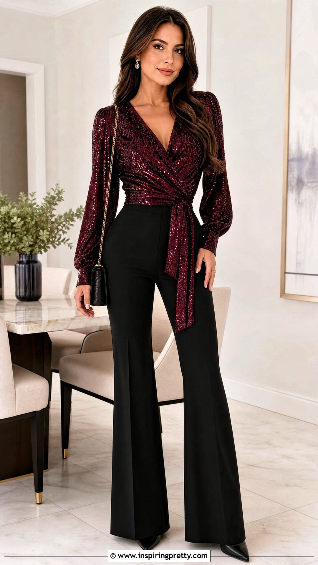 Sequin Wrap Top With Flared Pants - 50 Sequin Top outfit ideas