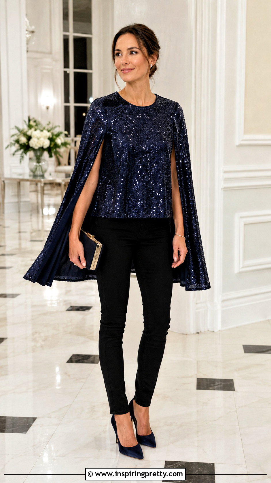 Sequined Cape Top With Slim Jeans - 50 fancy tops designs for jeans