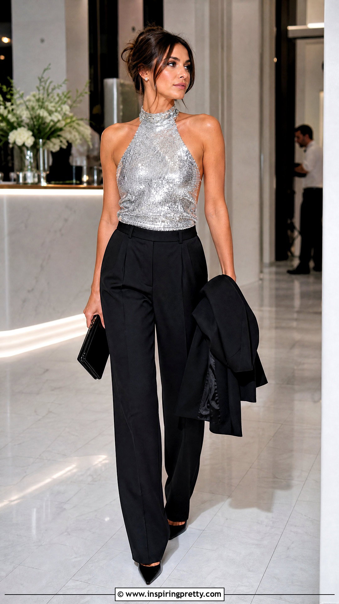 Sequined Halter Top With Tailored Trousers - 25 halter going out tops outfit ideas