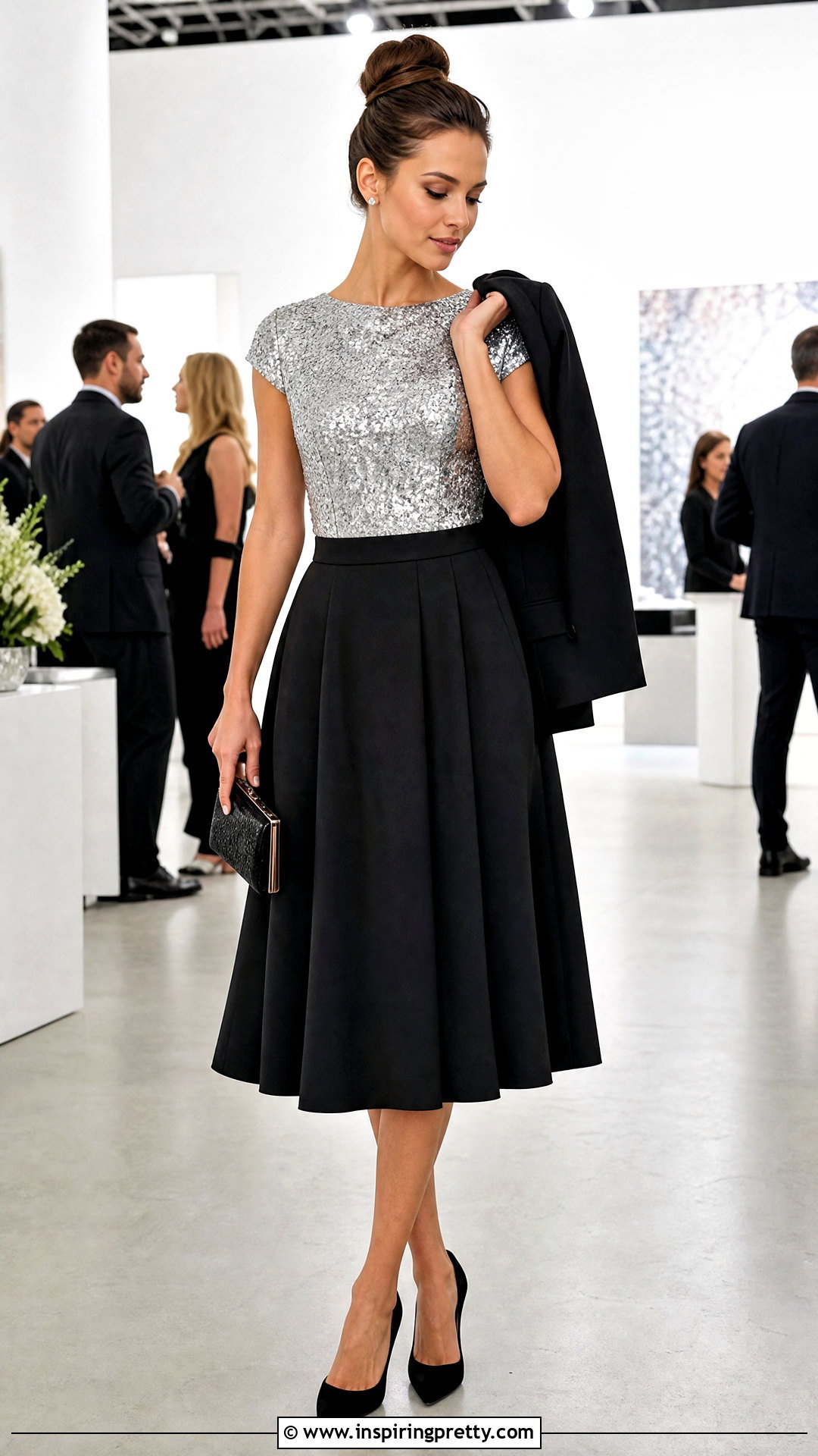 Sequined Top And Black Flare Skirt Party Outfit - 50 flare skirt and top outfit ideas