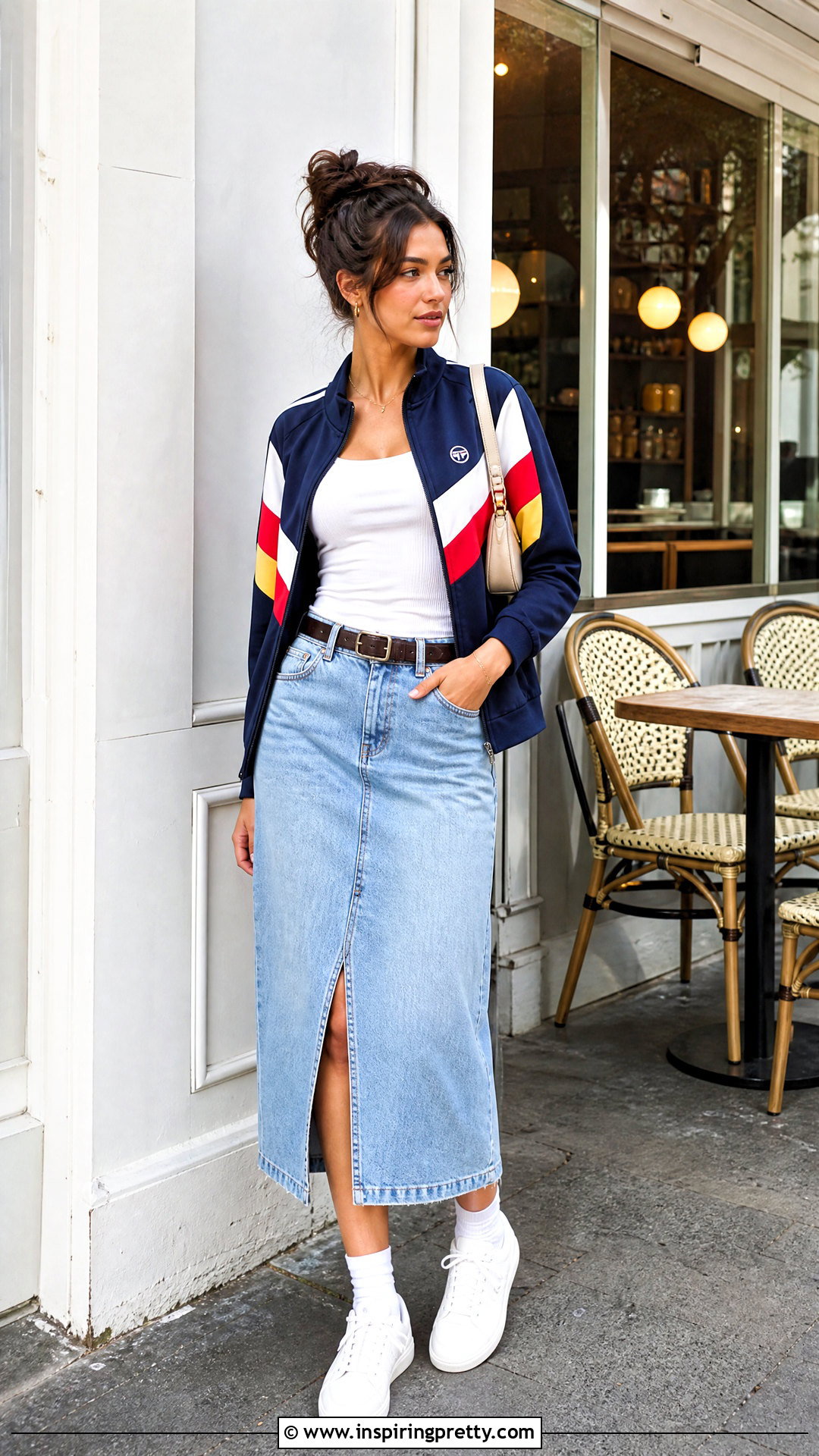 Sergio Tacchini Track Top With a Denim Midi Skirt - 25 sergio tacchini track top outfit ideas