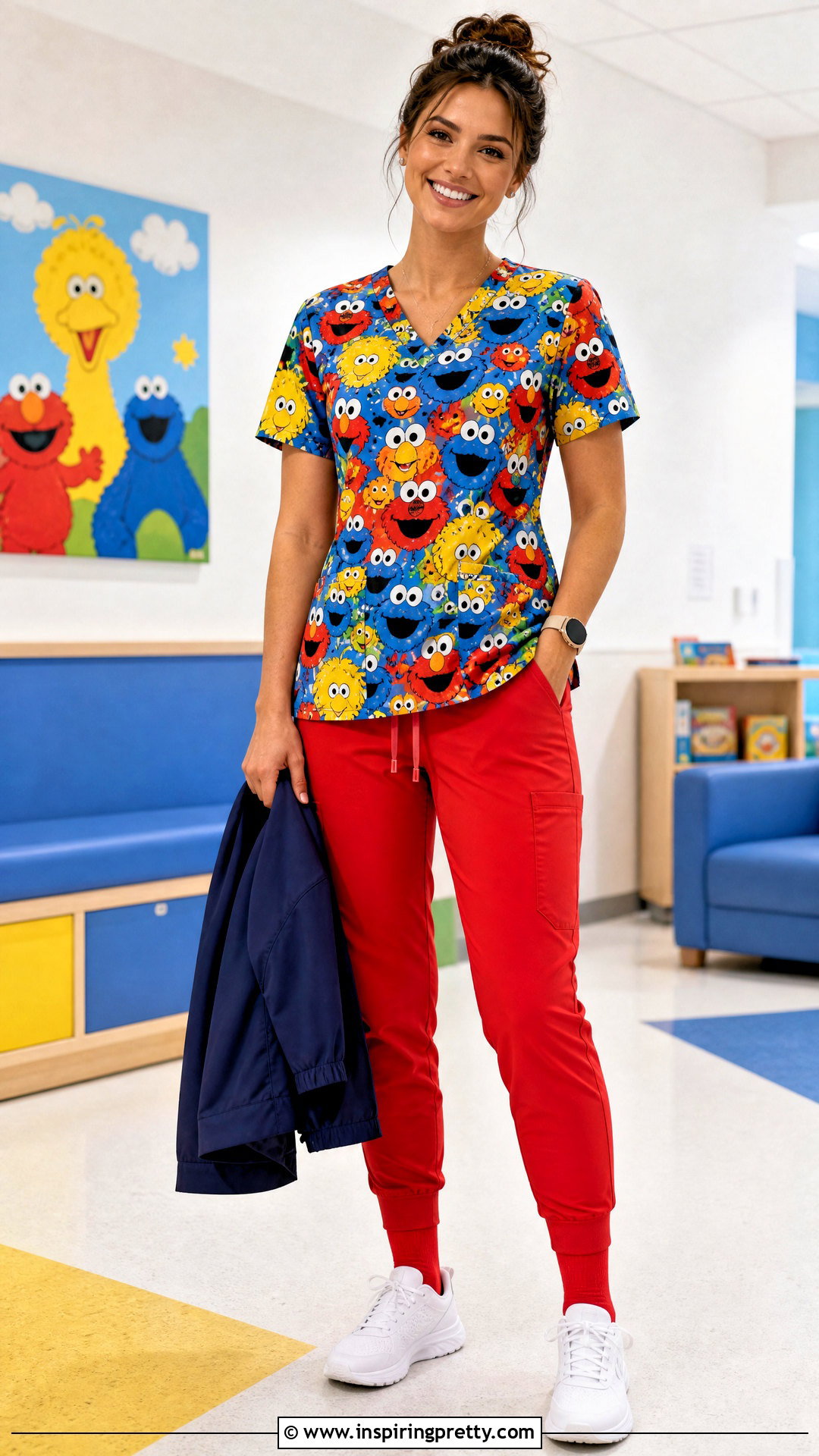 Sesame Street Character Scrub Top With Red Joggers - 20 character scrub tops outfit ideas