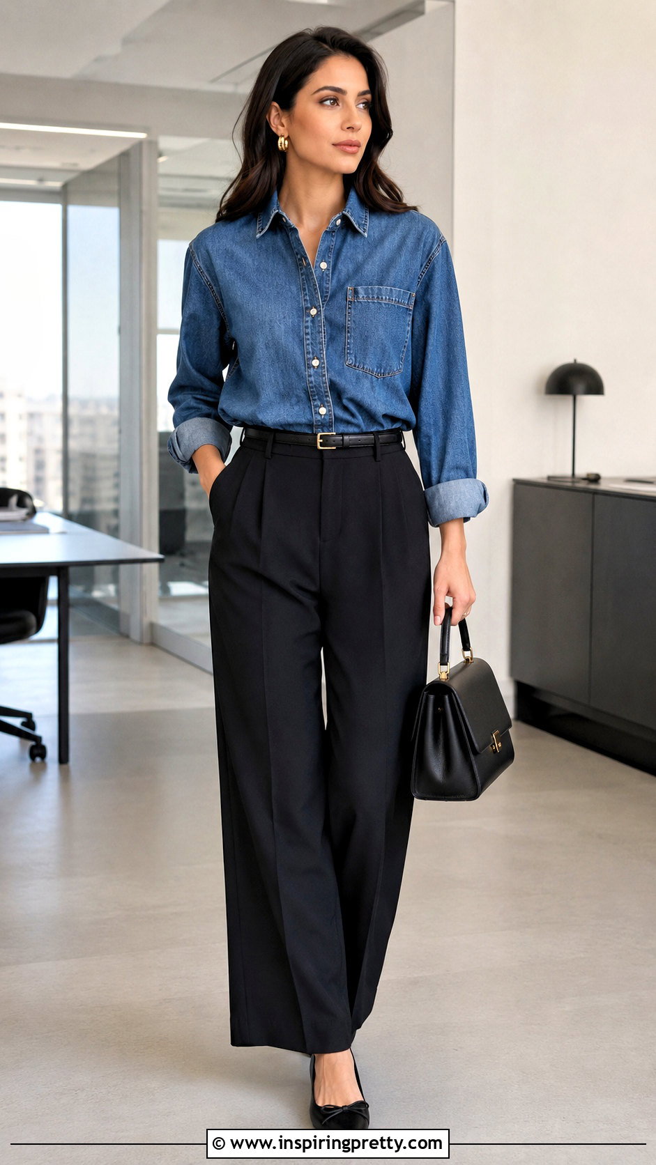 Sezane Denim Top With Black Trousers - 20 sezane denim top outfit ideas