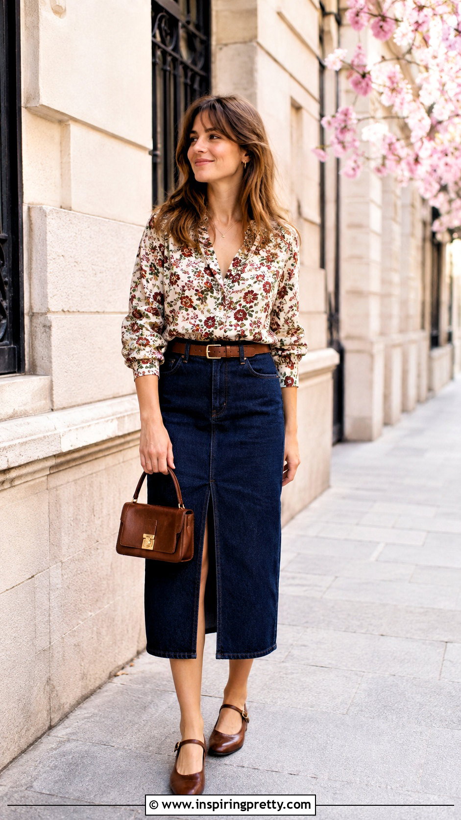 Sezane Floral Top With Denim Midi Skirt - 25 sezane floral top outfit ideas