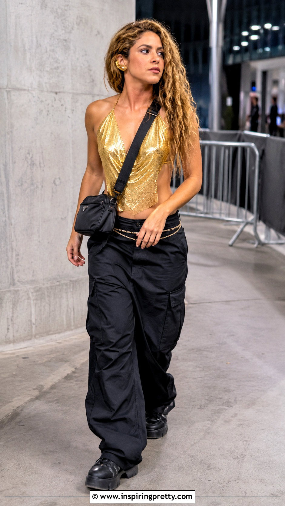 Shakira Gold Top With Black Cargo Pants - 25 shakira gold top outfit ideas