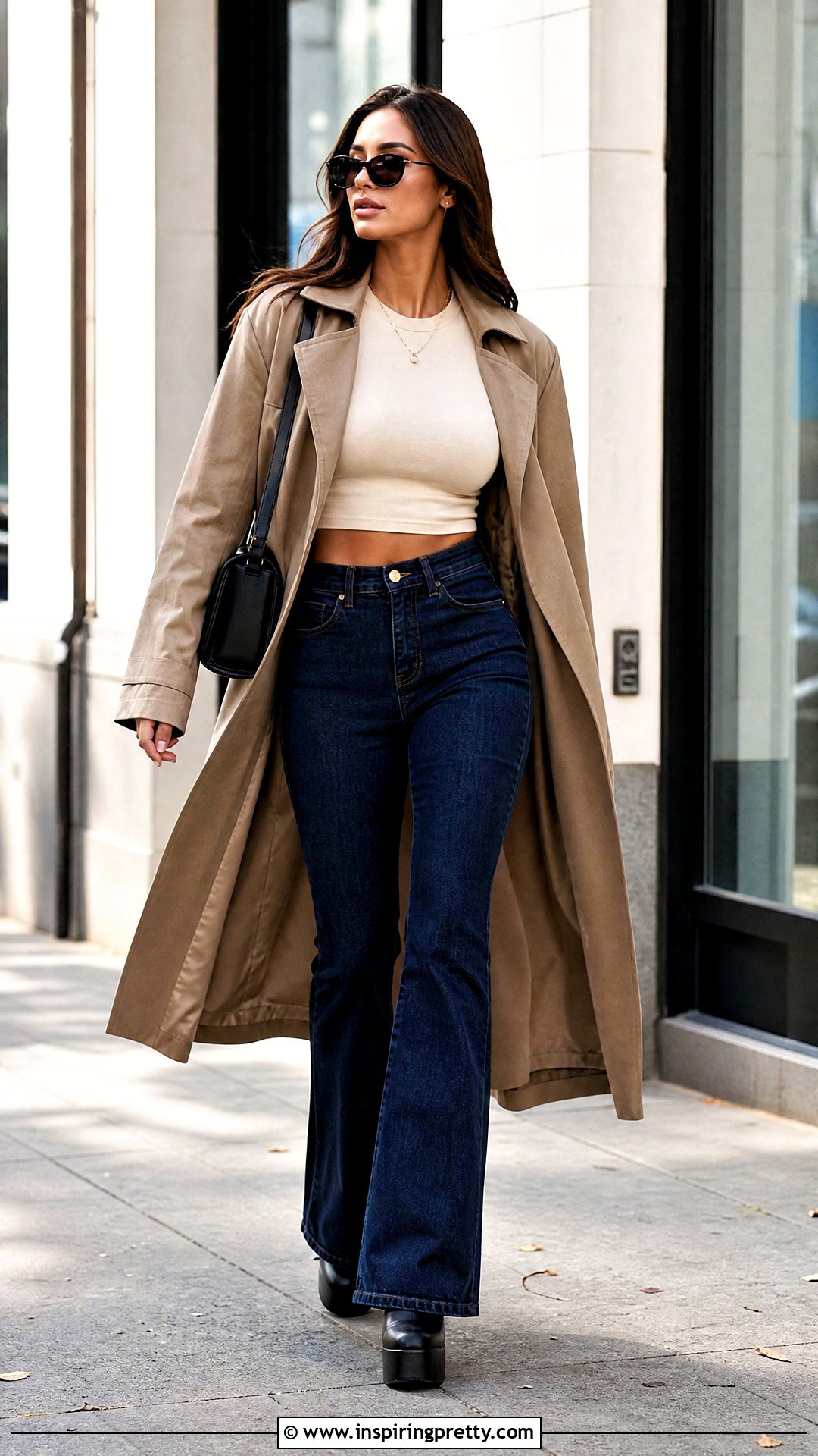 Shapewear Crop Top With Flare Jeans And Trench Coat - 20 shapewear crop top outfit ideas