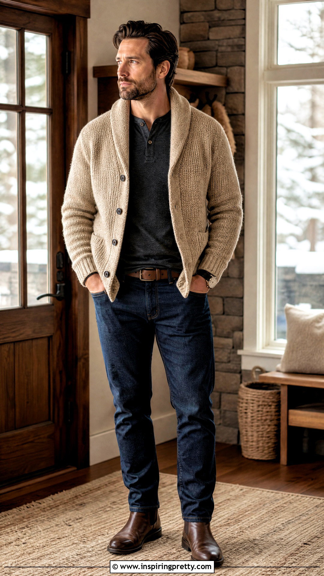 Shawl Collar Cardigan With Jeans - 50 mens tops outfit ideas