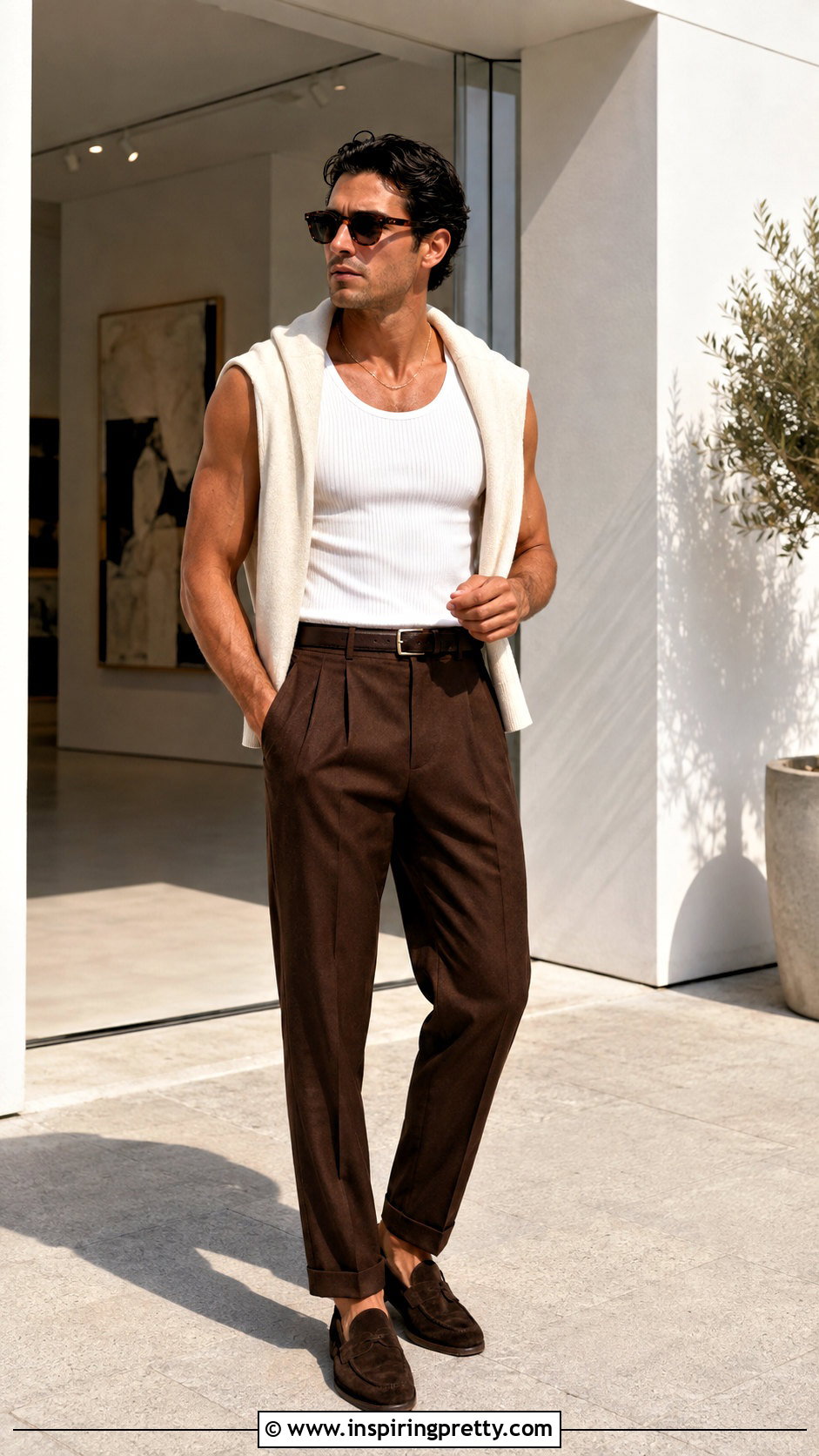 Shawn Mendes White Tank Top With Brown Pleated Pants - 25 shawn mendes white tank tops