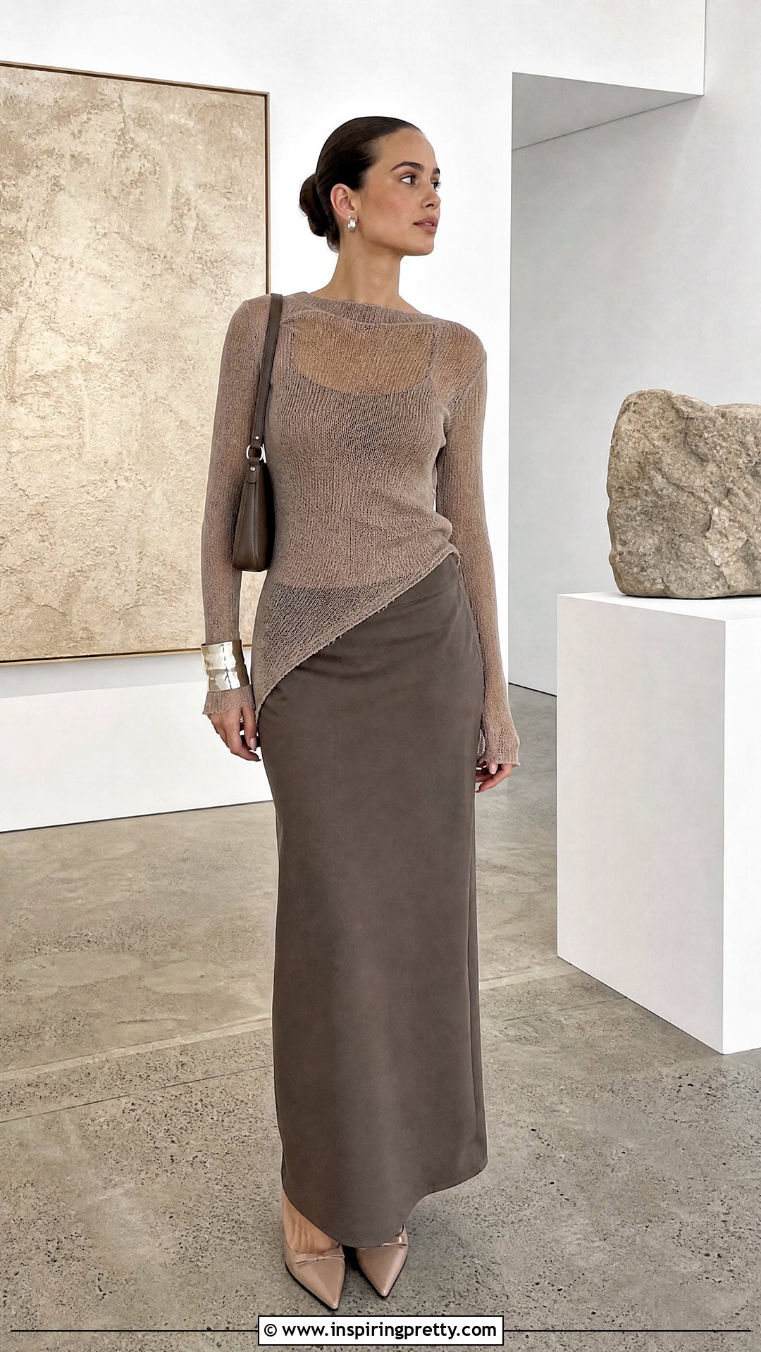 Sheer Asymmetric Knit Top With A Column Maxi Skirt - 20 Sheer Loose Knit Asymmetric Top outfit ideas