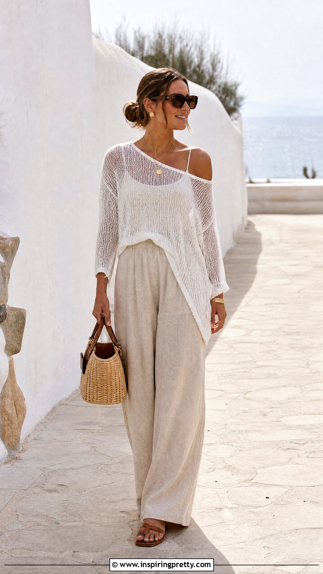 Sheer Asymmetric Knit Top With Linen Pants - 20 Sheer Loose Knit Asymmetric Top outfit ideas