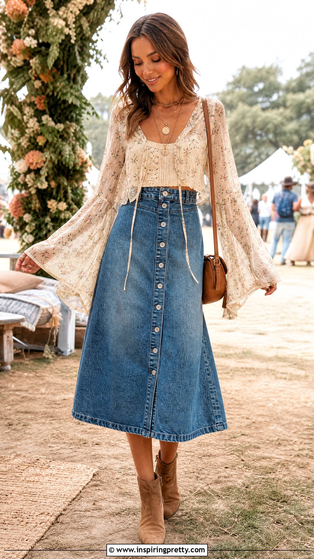 Sheer Bell Sleeve Top With Button Front Denim Skirt - 25 sheer top with denim skirt outfit ideas