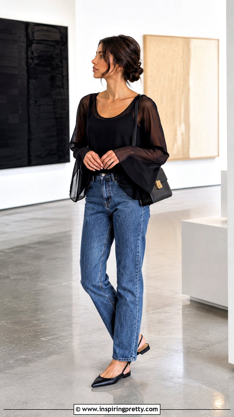 Sheer Bell Sleeve Top With Camisole And Jeans - 50 bell sleeve top outfit ideas