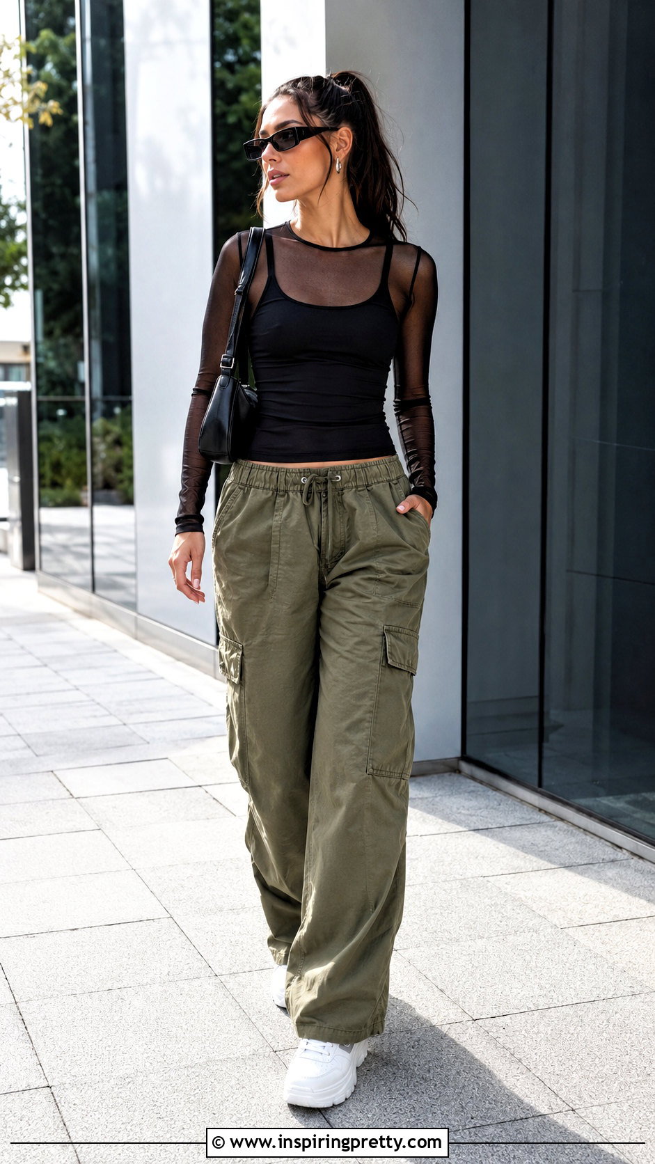 Sheer Black Top With Cargo Pants - 20 Sheer Black Summer Top outfit ideas