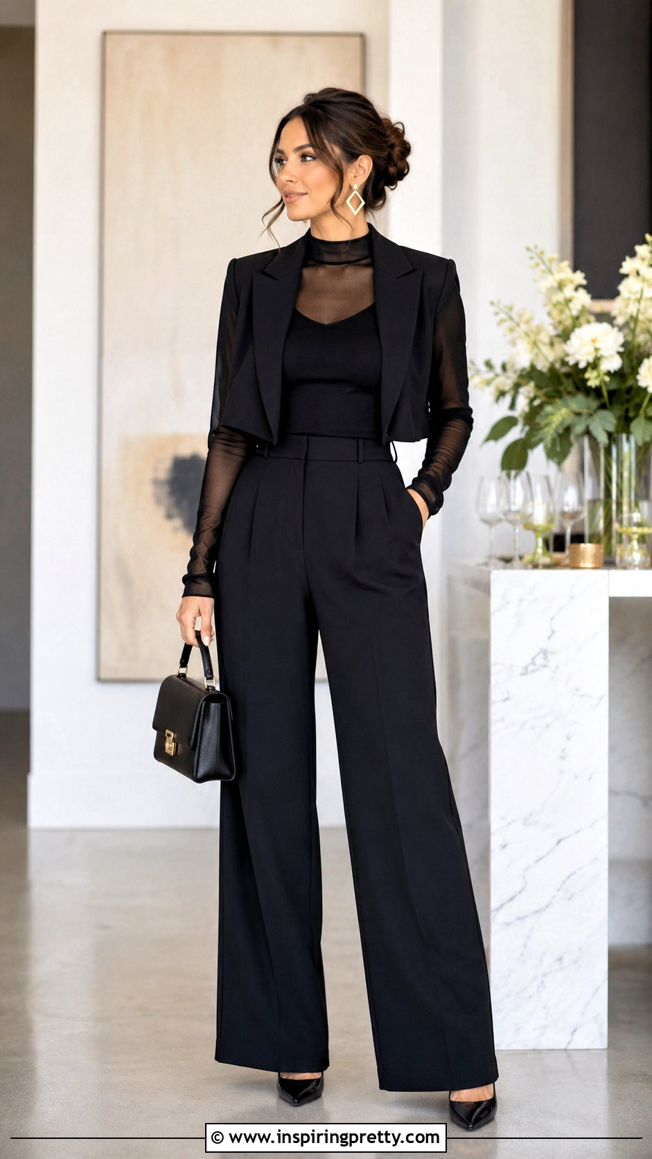 Sheer Black Top With Cropped Blazer - 50 sheer black top outfit ideas