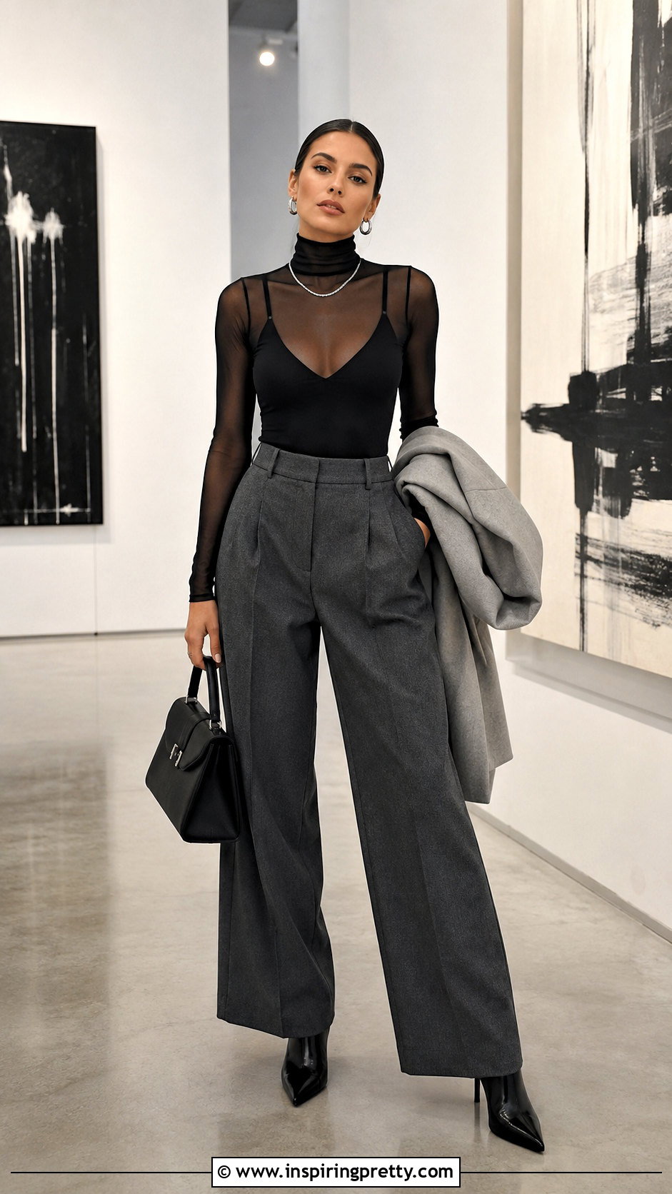 Sheer Black Top With Gray Trousers - 50 sheer black top outfit ideas
