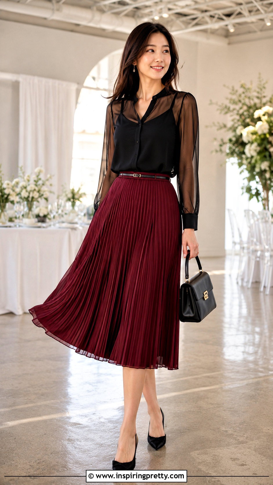 Sheer Black Top With Pleated Midi Skirt - 50 sheer black top outfit ideas