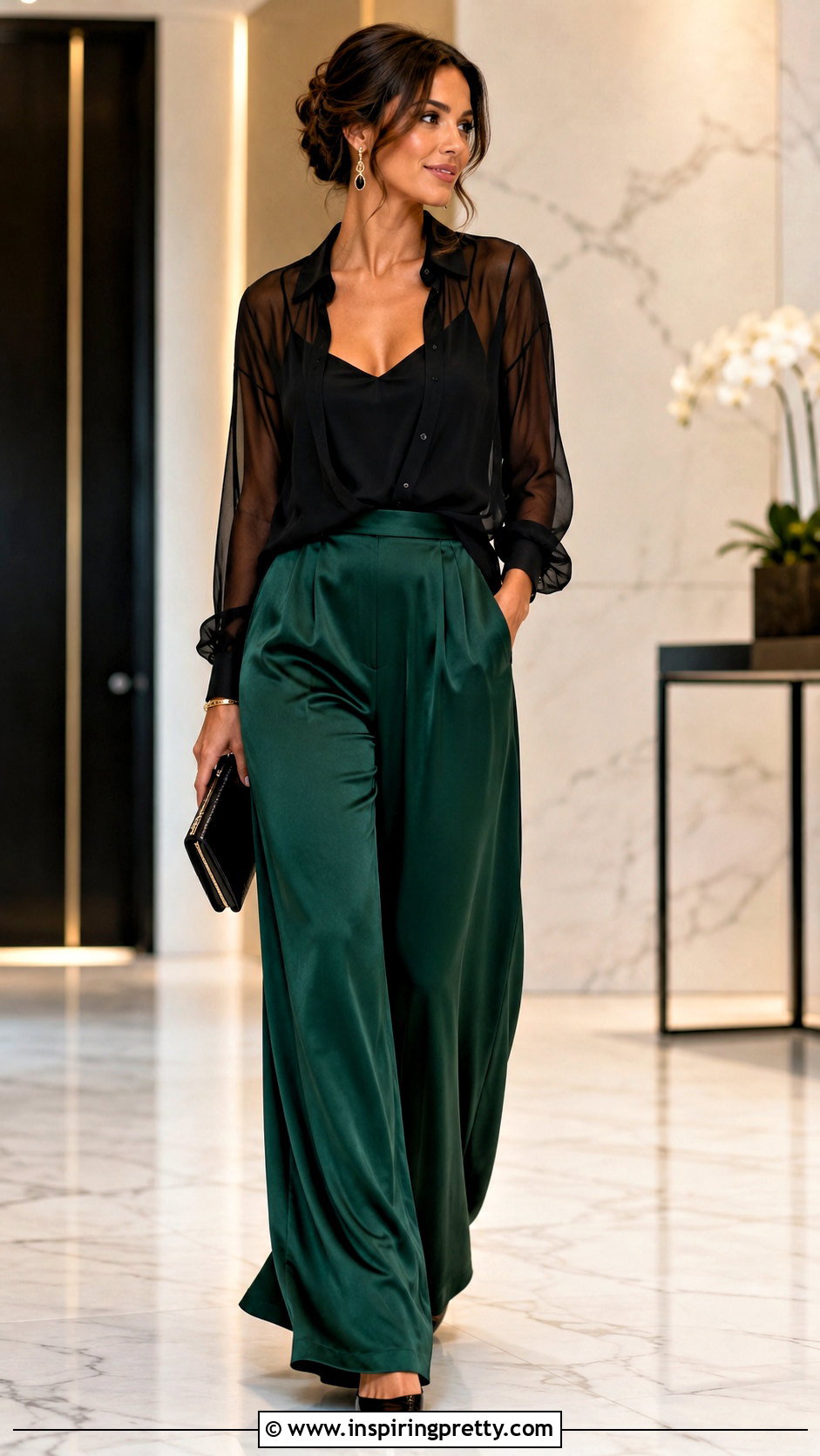 Sheer Black Top With Satin Pants - 50 sheer black top outfit ideas