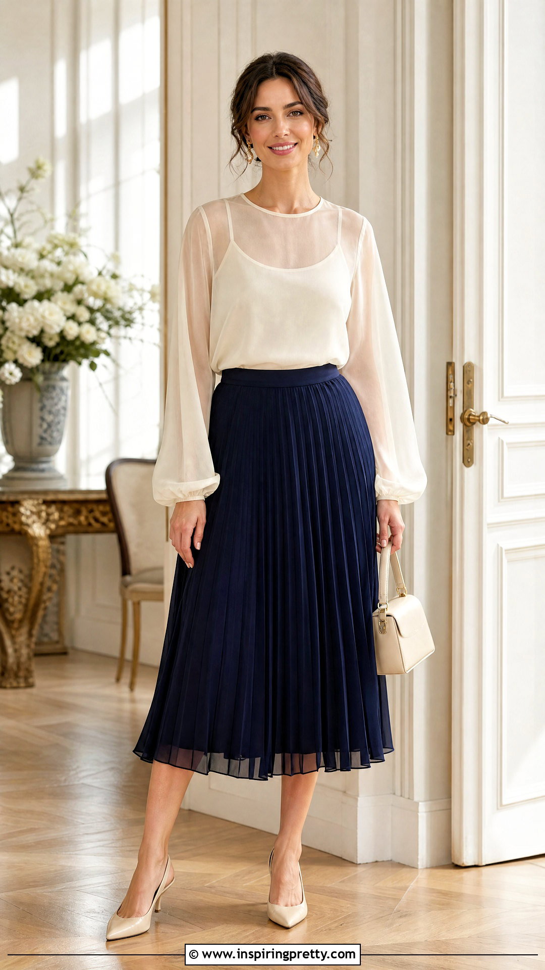 Sheer Blouse With A Camisole And Midi Skirt - 50 trendy fashion tops outfit ideas