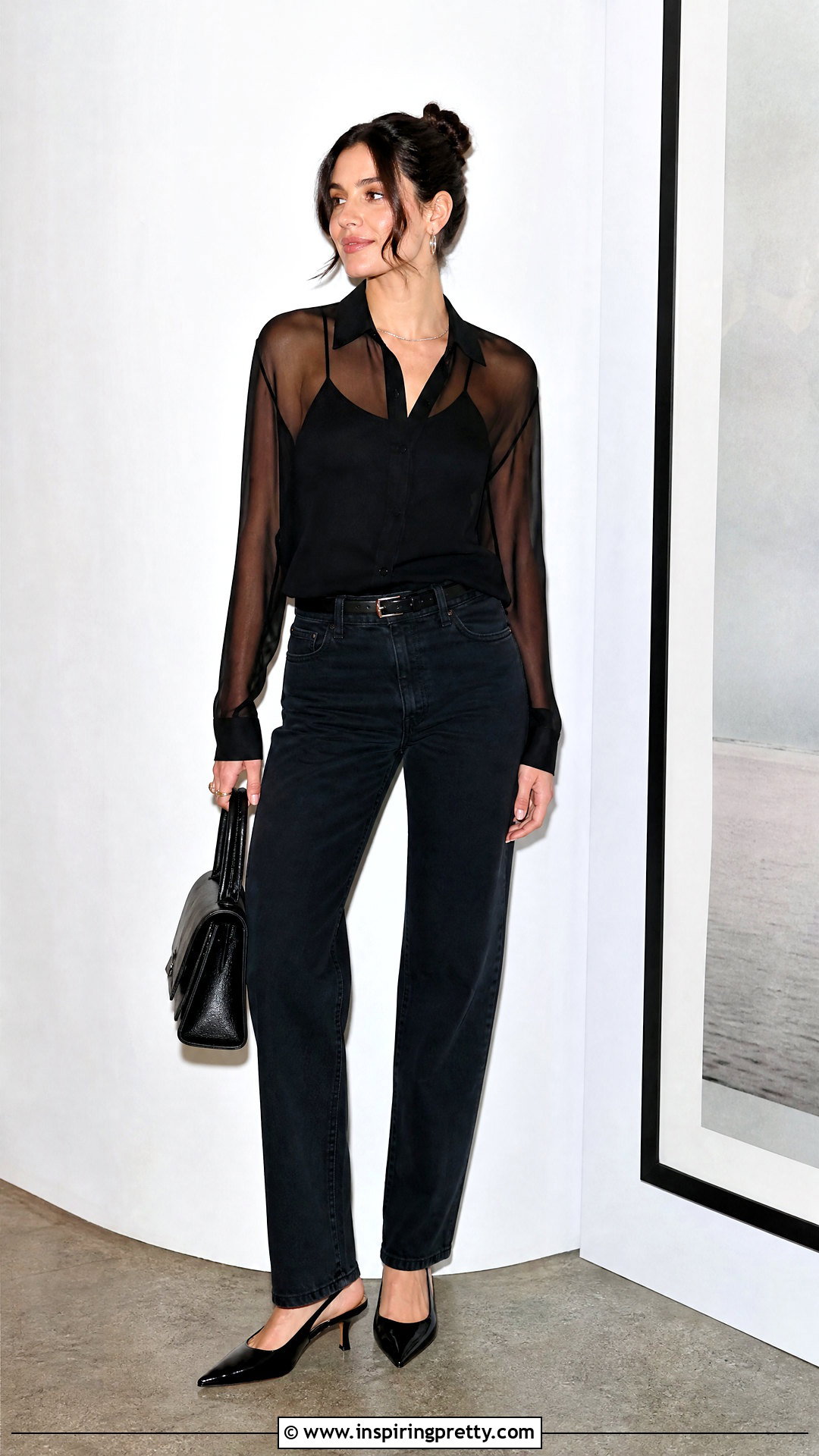 Sheer Blouse With Black Camisole And Jeans - 50 stylish tops fashion ideas