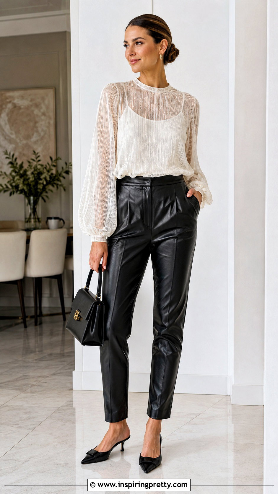 Sheer Blouse With Camisole And Leather Pants - 25 cute tops with leather pants