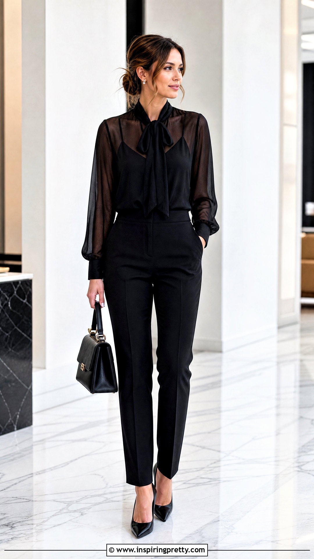 Sheer Blouse With Camisole And Trousers - 50 classy tops outfit ideas